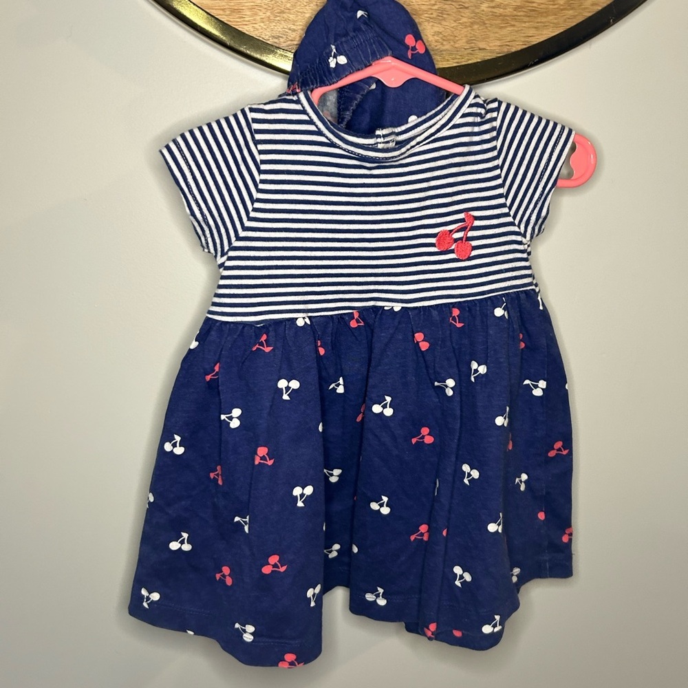 Navy and White Striped Kids Dress with Cherry Print Bloomers